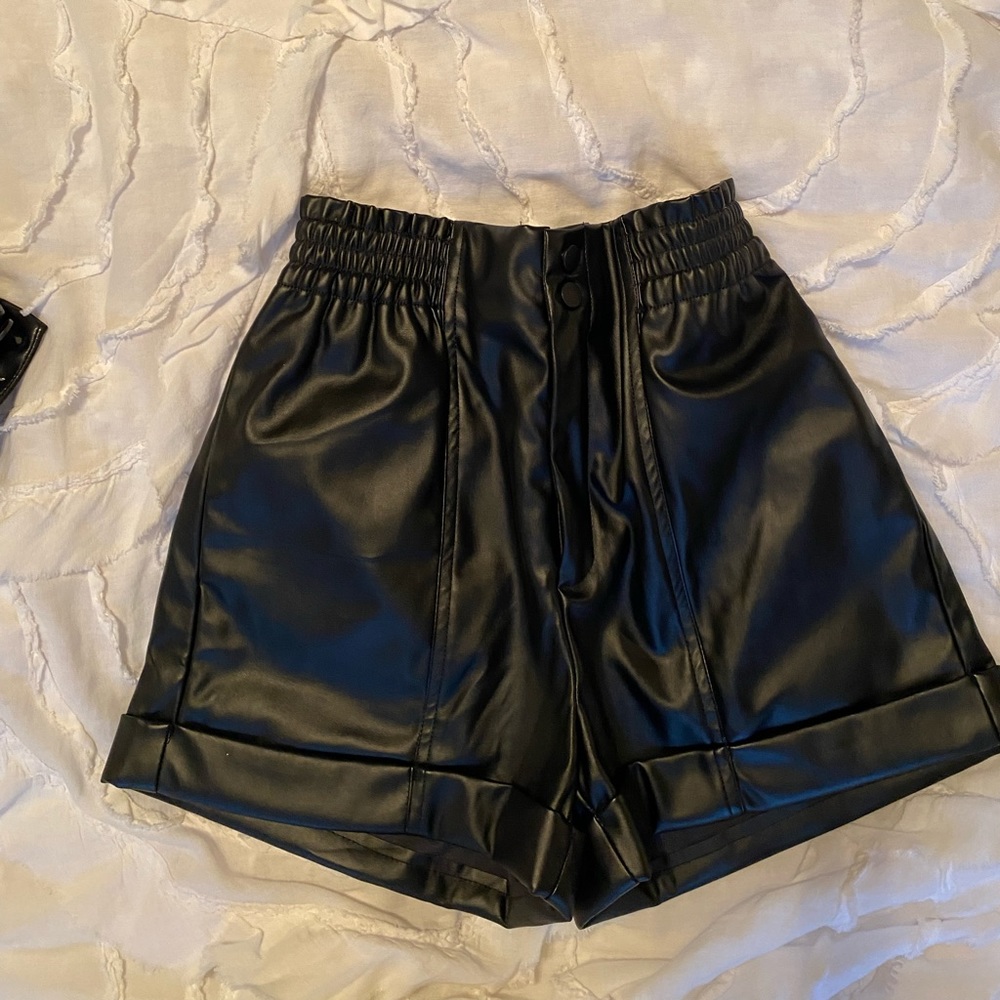 Black faux, leather paper bag shorts